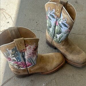 Tin Haul Kids Boots with Floral and Cactus Design - Brown and Pink